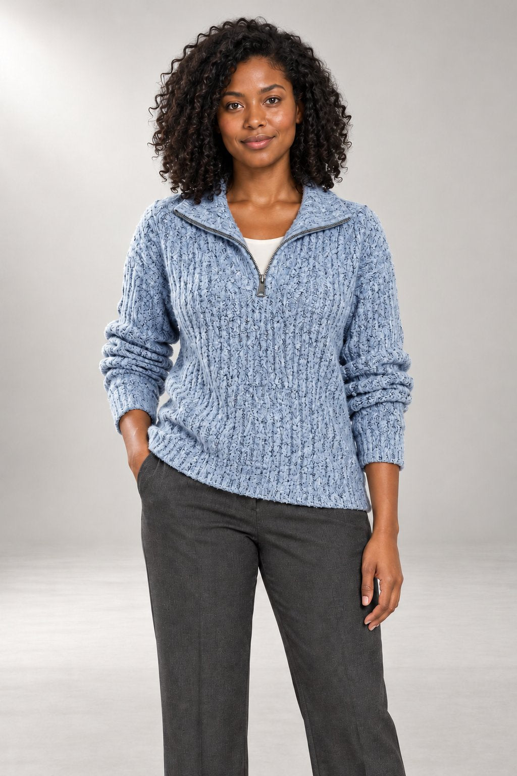 Vanetta Quarter-Zip Sweater — Textured Ribbed Knit — Blue studio view