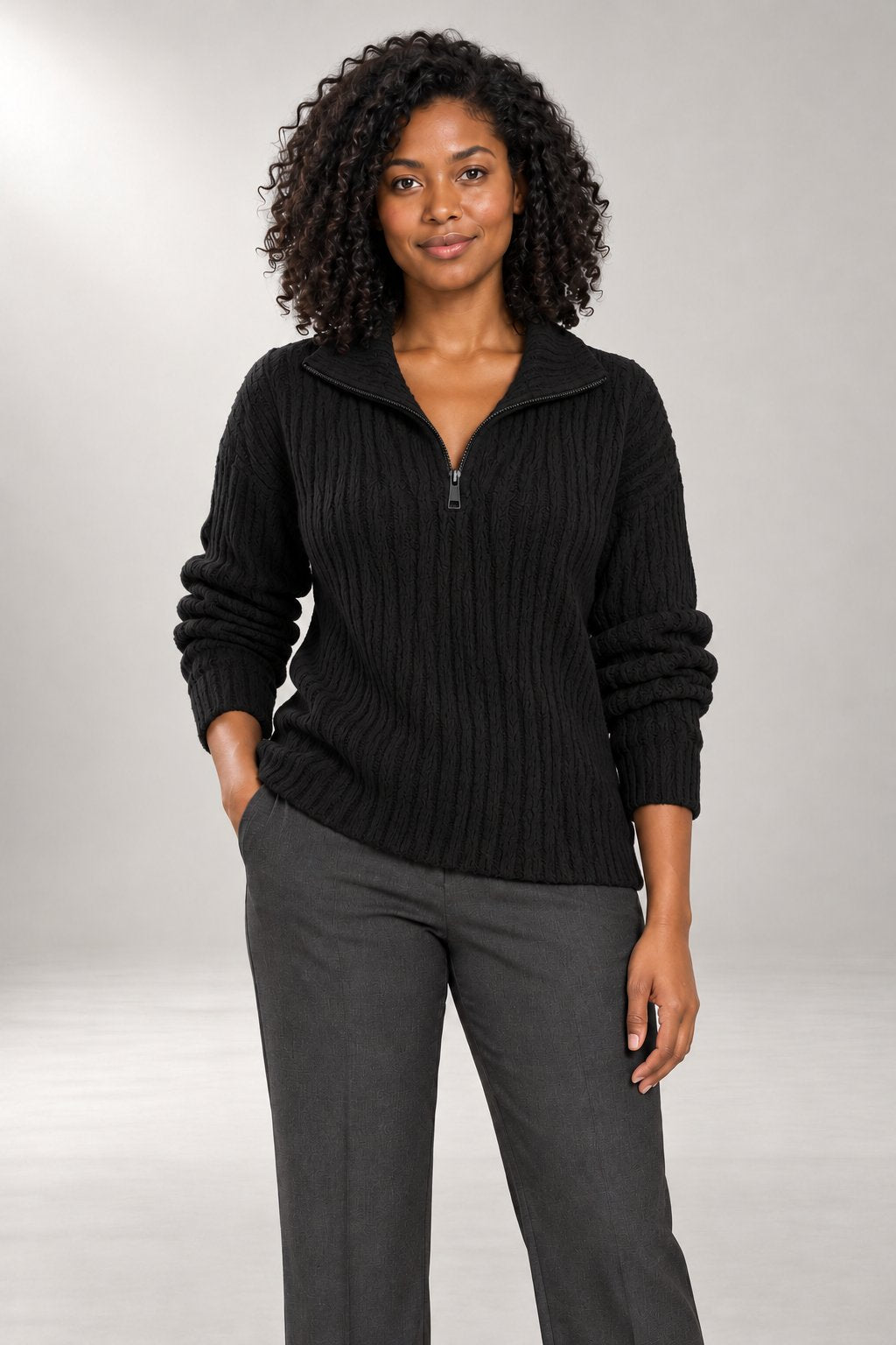 Vanetta Quarter-Zip Sweater — Textured Ribbed Knit — Black studio view