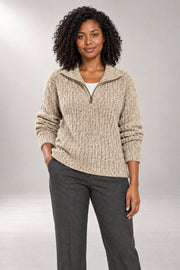 Vanetta Quarter-Zip Sweater — Textured Ribbed Knit — Khaki studio view