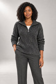 Vanetta Quarter-Zip Sweater — Textured Ribbed Knit — Dark Grey studio view