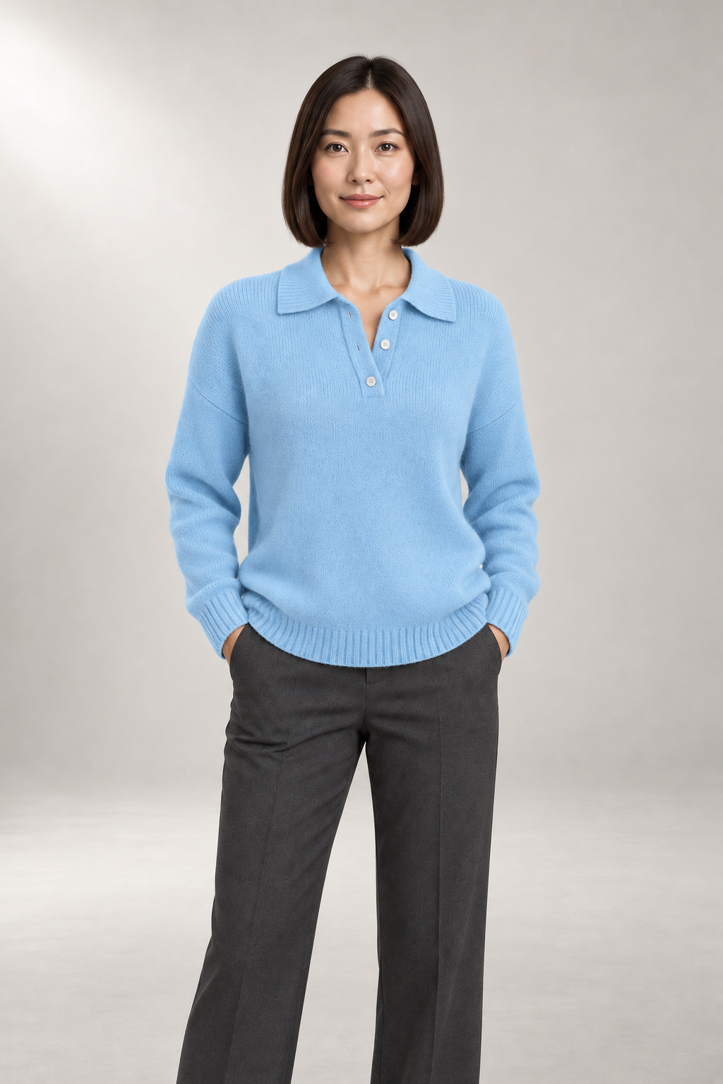 Polo-Collar Knit Sweater — Button-Placket Pullover — Blue studio view