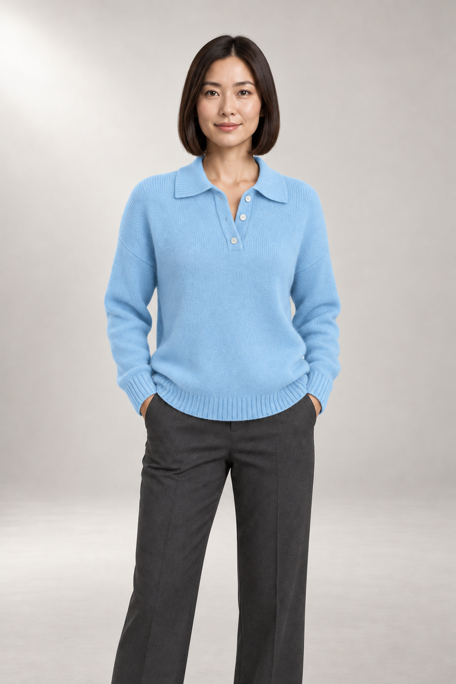 Polo-Collar Knit Sweater — Button-Placket Pullover — Blue studio view
