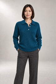 Polo-Collar Knit Sweater — Button-Placket Pullover — Dark Blue studio view