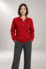 Polo-Collar Knit Sweater — Button-Placket Pullover — Red studio view