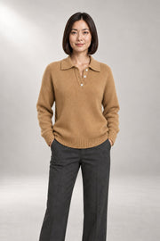 Polo-Collar Knit Sweater — Button-Placket Pullover — Brown studio view
