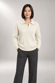 Polo-Collar Knit Sweater — Button-Placket Pullover — White studio view