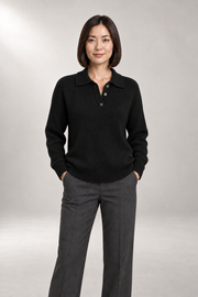 Polo-Collar Knit Sweater — Button-Placket Pullover — Black studio view