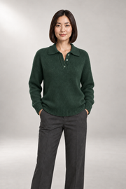 Polo-Collar Knit Sweater — Button-Placket Pullover — Green studio view