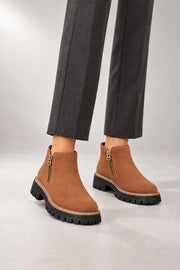 Raely Ankle Boots — Side Zip & Lug Sole — Brown studio view