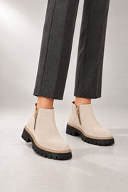 Raely Ankle Boots — Side Zip & Lug Sole — Beige studio view