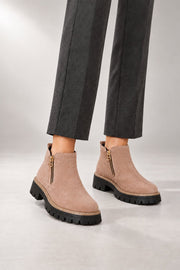 Raely Ankle Boots — Side Zip & Lug Sole — Pink studio view