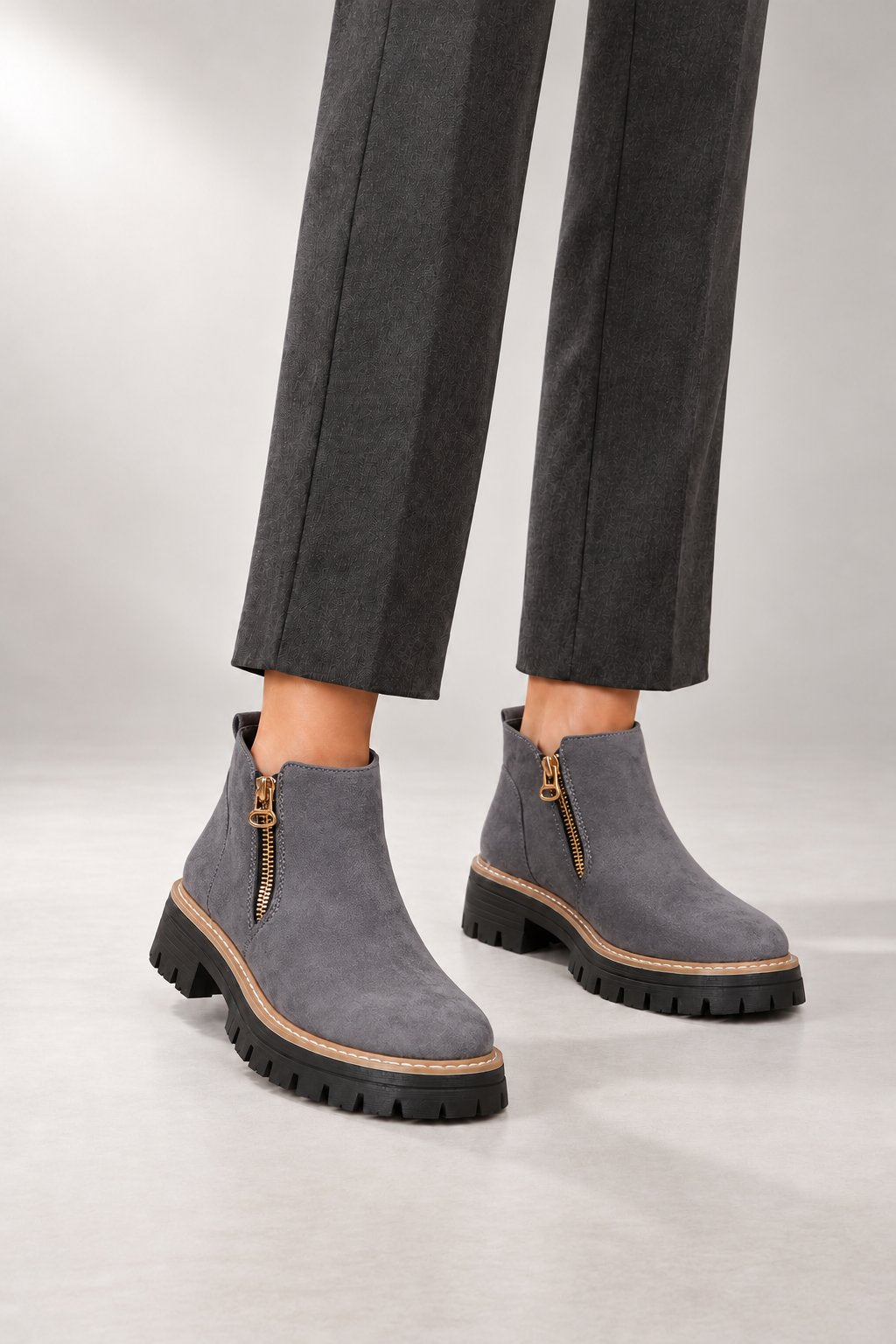 Raely Ankle Boots — Side Zip & Lug Sole — Gray studio view