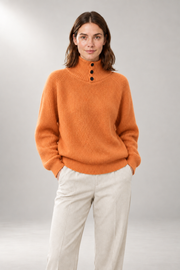 Fenna Button-Neck Sweater — Ribbed Pullover — Orange view