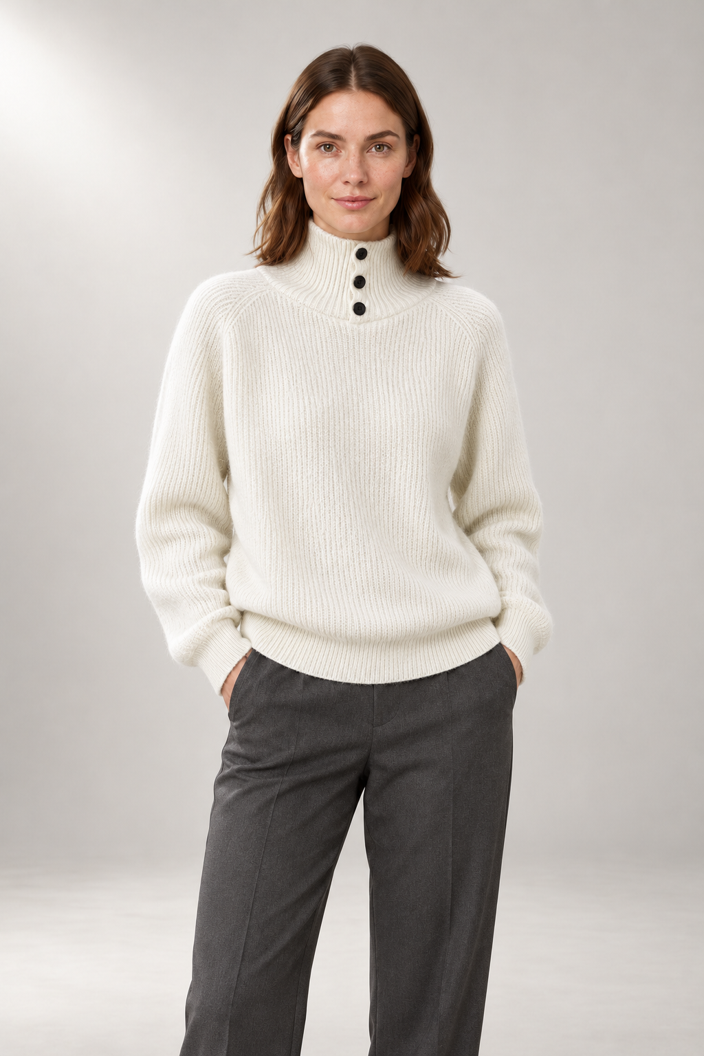 Fenna Button-Neck Sweater — Ribbed Pullover — White view