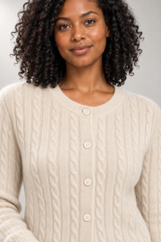 Winifred Cable Cardigan — Round-Neck Buttoned Knit — detail view in our studio