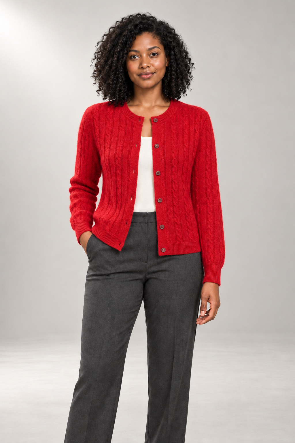 Winifred Cable Cardigan — Round-Neck Buttoned Knit — Red studio view