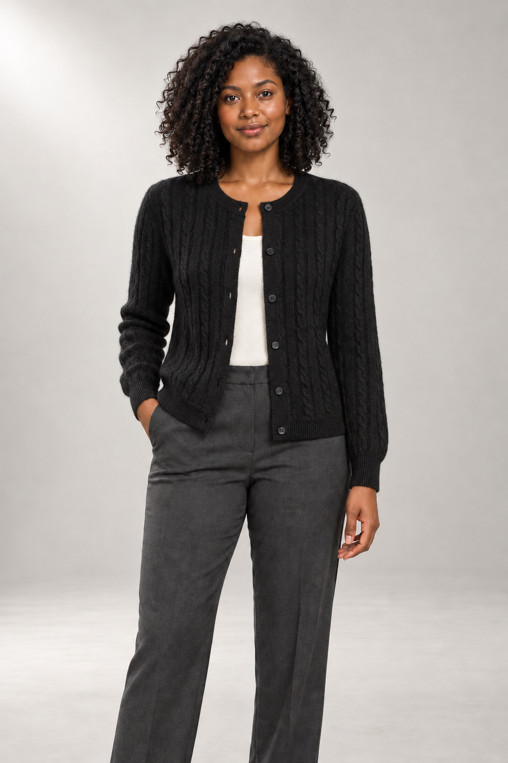 Winifred Cable Cardigan — Round-Neck Buttoned Knit — Black studio view