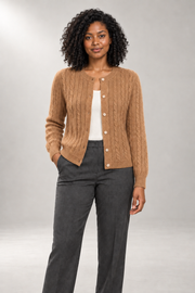 Winifred Cable Cardigan — Round-Neck Buttoned Knit — Camel studio view