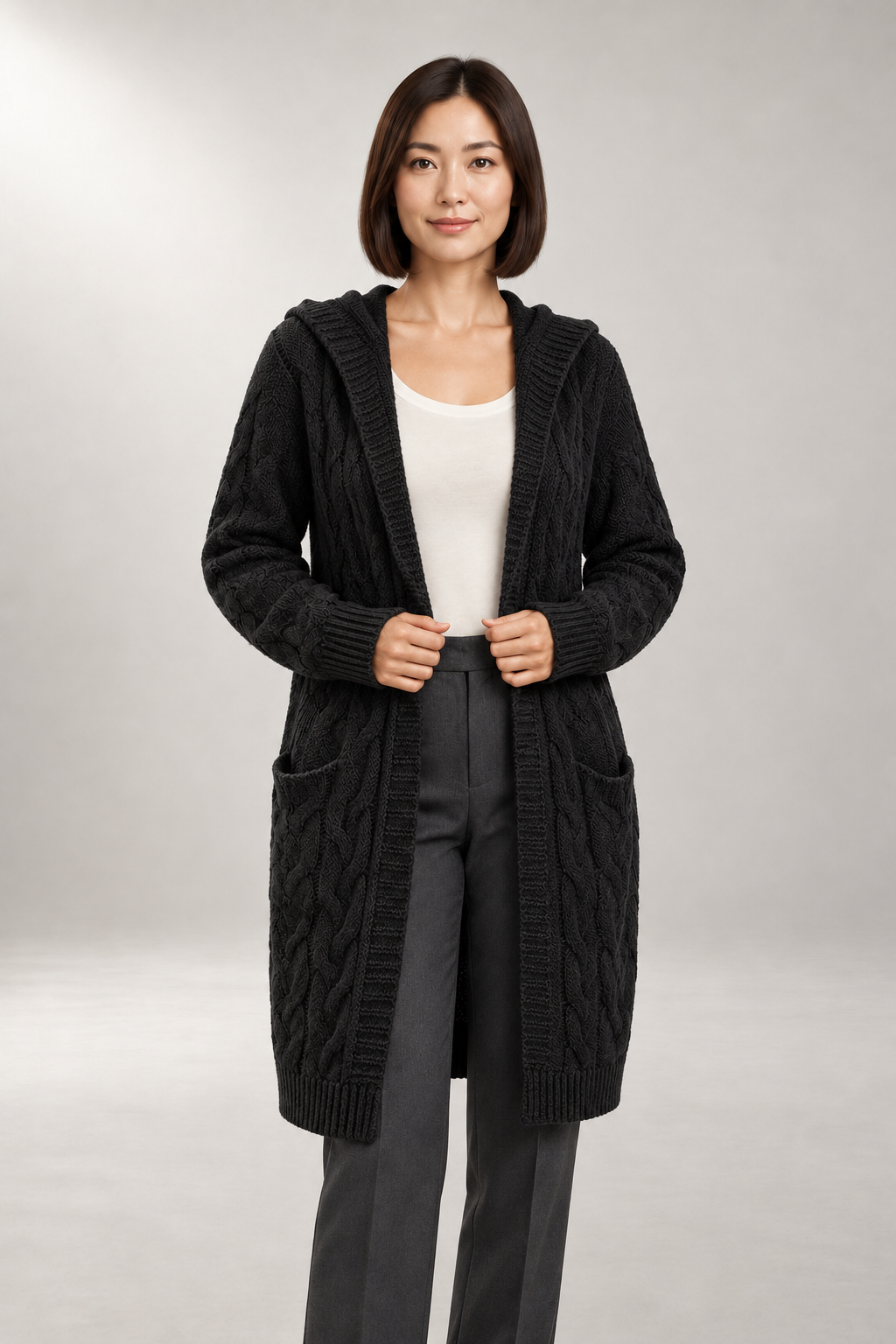 Elodie Cable Cardigan — Hooded Longline Layer — Black studio view