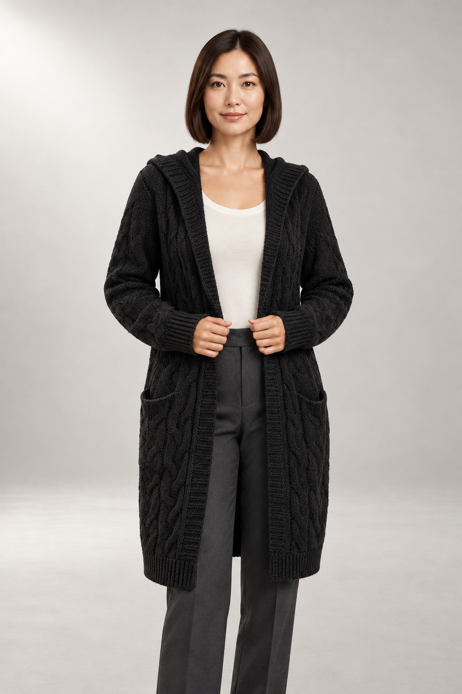 Elodie Cable Cardigan — Hooded Longline Layer — Black studio view