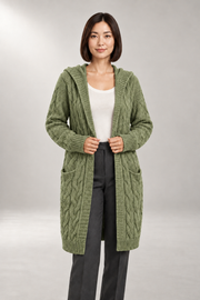 Elodie Cable Cardigan — Hooded Longline Layer — Green studio view