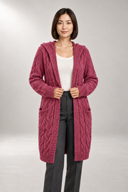 Elodie Cable Cardigan — Hooded Longline Layer — Rose Red studio view