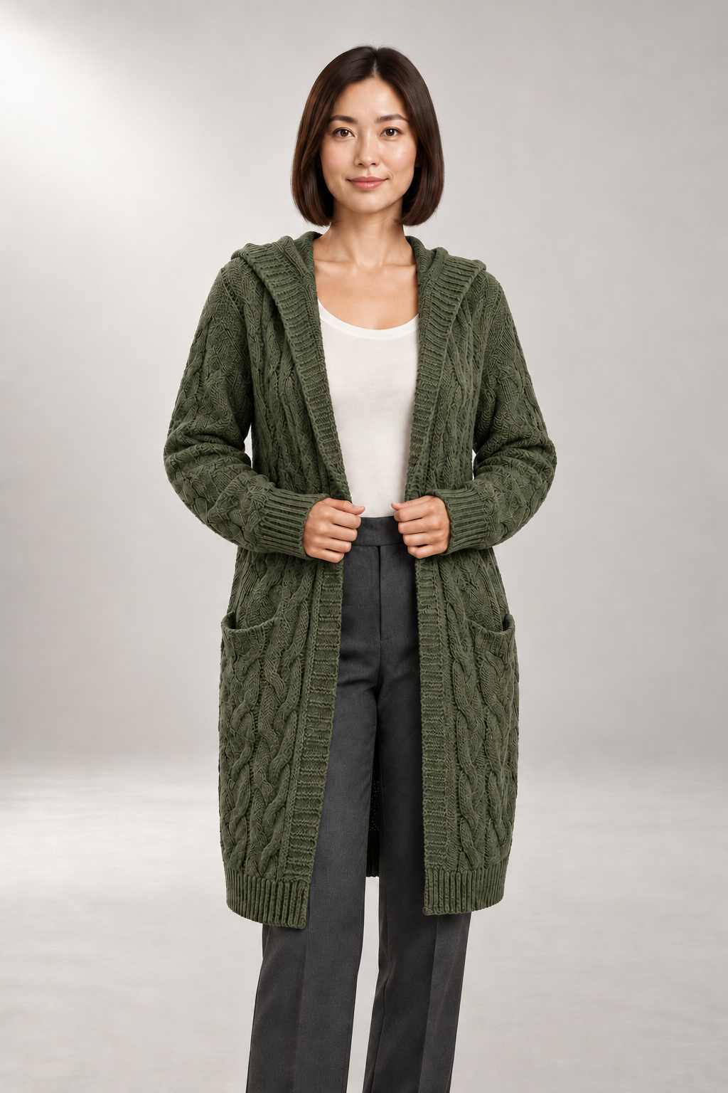 Elodie Cable Cardigan — Hooded Longline Layer — Army Green studio view