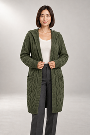 Elodie Cable Cardigan — Hooded Longline Layer — Army Green studio view