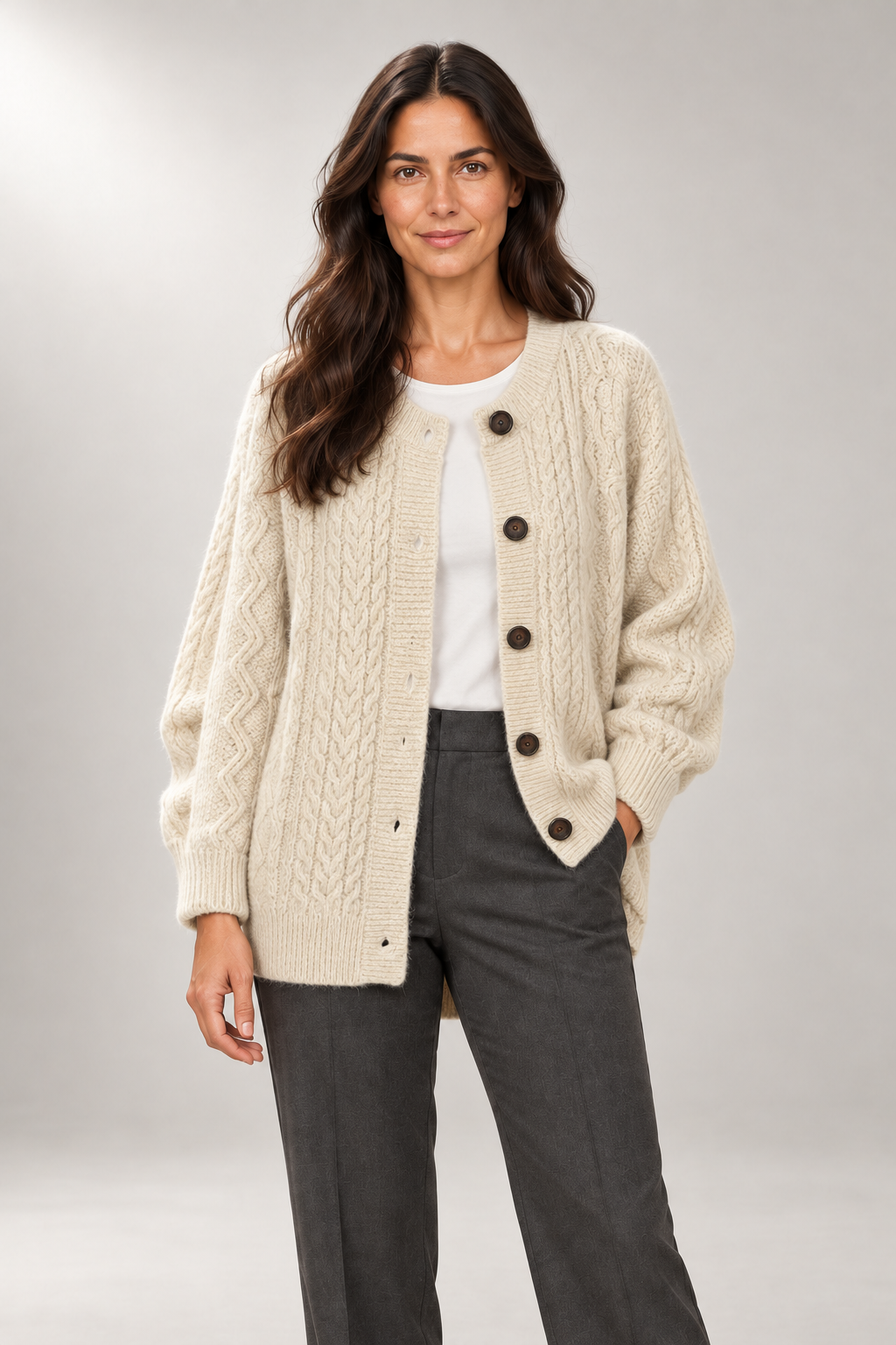 Marguerite Cable Cardigan — Oversized Button-Front Knit — Beige studio view