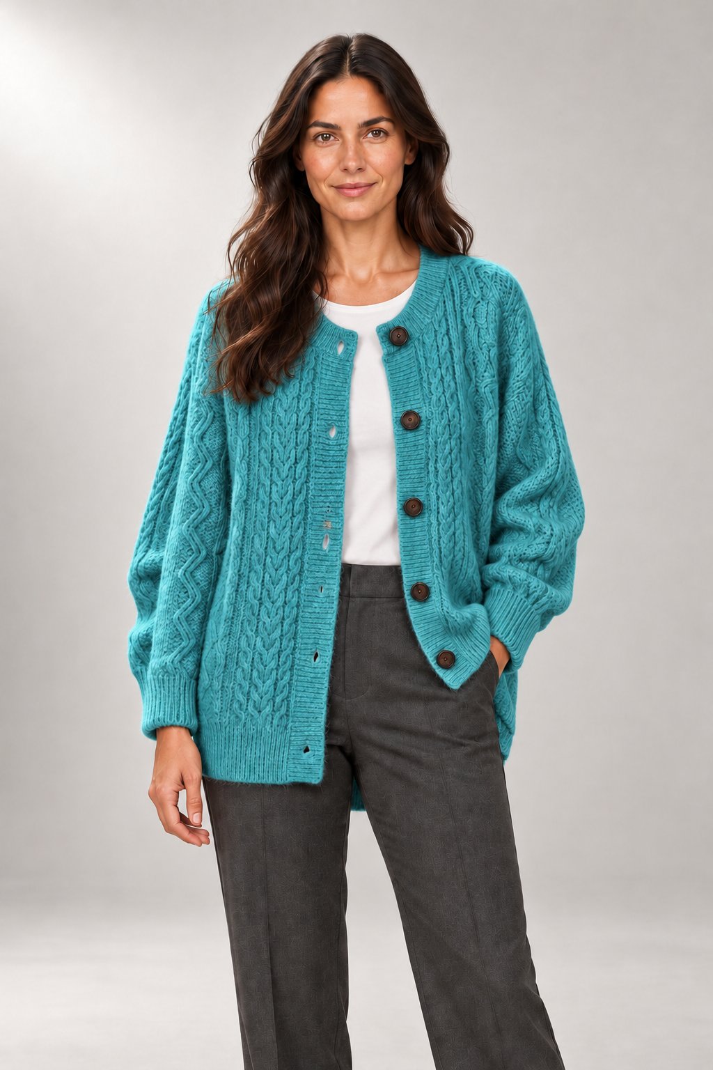 Marguerite Cable Cardigan — Oversized Button-Front Knit — Blue studio view