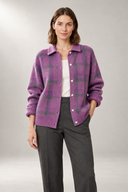 Oversized Button-Front Cardigan — Relaxed Collared Knit — Light Purple studio view