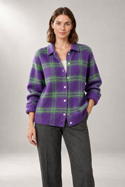 Oversized Button-Front Cardigan — Relaxed Collared Knit — Purple studio view