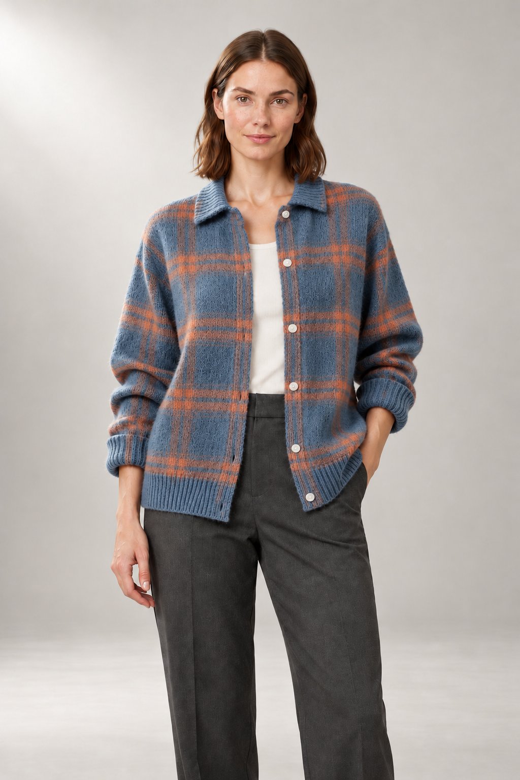 Oversized Button-Front Cardigan — Relaxed Collared Knit — Blue studio view