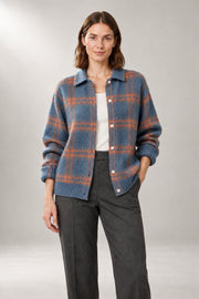 Oversized Button-Front Cardigan — Relaxed Collared Knit — Blue studio view