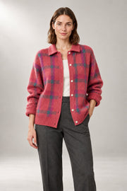 Oversized Button-Front Cardigan — Relaxed Collared Knit — Pink studio view