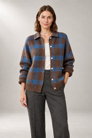 Oversized Button-Front Cardigan — Relaxed Collared Knit — Dark Brown studio view