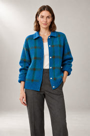 Oversized Button-Front Cardigan — Relaxed Collared Knit — Navy Blue studio view