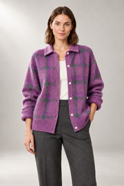 Oversized Button-Front Cardigan — Relaxed Collared Knit — detail view in our studio