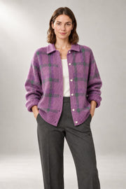 Oversized Button-Front Cardigan — Relaxed Collared Knit — Light Purple studio view