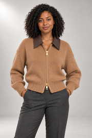Clara Zip-Front Sweater — Contrast Turn-Down Collar — detail view in our studio