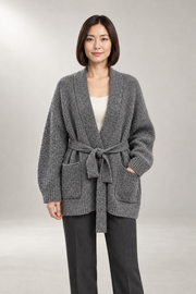 Violetta Belted Sweater — Relaxed Open-Front Knit — Light Gray studio view