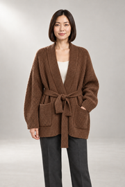 Violetta Belted Sweater — Relaxed Open-Front Knit — Brown studio view