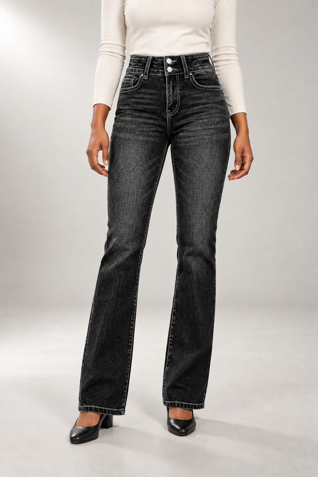 Janie Bootcut Jeans — High Waist & Double-Button Detail — Black studio view