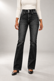 Janie Bootcut Jeans — High Waist & Double-Button Detail — Black studio view