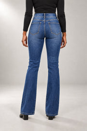 Janie Bootcut Jeans — High Waist & Double-Button Detail — back view in our studio