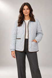 Diamond-Quilted Jacket — Contrast Collar & Button Front — Gray studio view