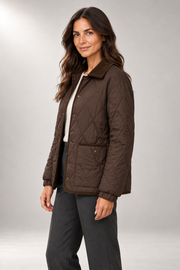 Diamond-Quilted Jacket — Contrast Collar & Button Front — side view in our studio