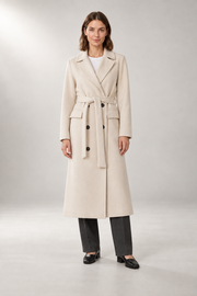 Adele-Grace Belted Overcoat — Double-Breasted Tailoring — Beige studio view