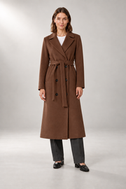 Adele-Grace Belted Overcoat — Double-Breasted Tailoring — Brown studio view