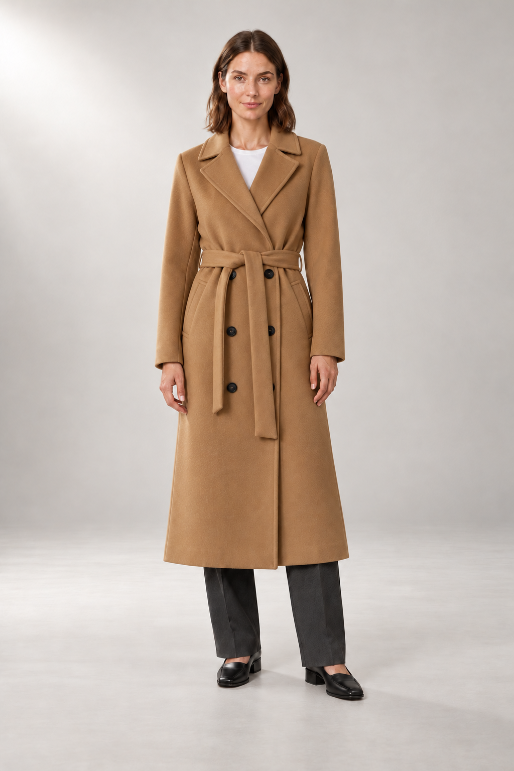 Adele-Grace Belted Overcoat — Double-Breasted Tailoring — Khaki studio view